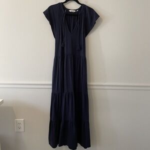 Boden Tiered Maxi Dress Navy Size US 10R Pockets Tassels Boho Peasant Cottage